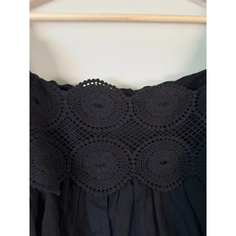 Free People Black Crochet Lace Inset Square Neck Puff Sleeve Babydoll Blouse L